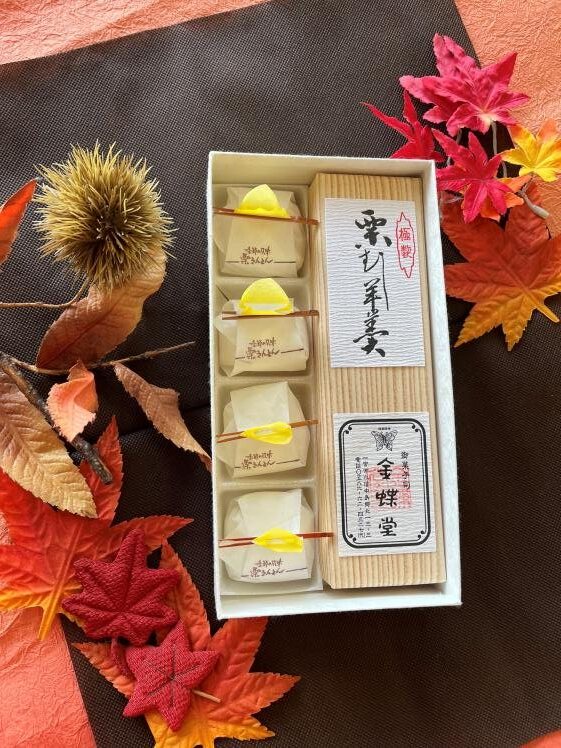 紅葉の飾りに囲まれた栗きんとんと栗むし羊かんの詰め合わせ